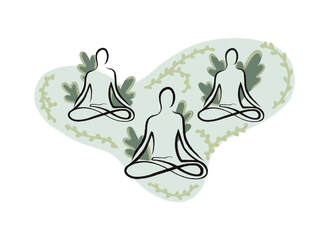 Hand drawn picture of three outlined figures sitting in a cross-legged yoga posture done keeping the spine erect with neck and shoulders relaxed. The  background is a a mint green outlined by sage green plants.